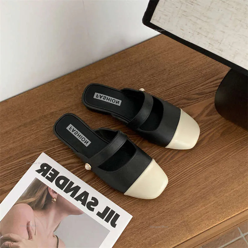 Half Slippers 2024S For Women To Wear In Summer Color Blocking Commuting Sandals Low Thick Heels Flat Bottoms And Lazy Shoes