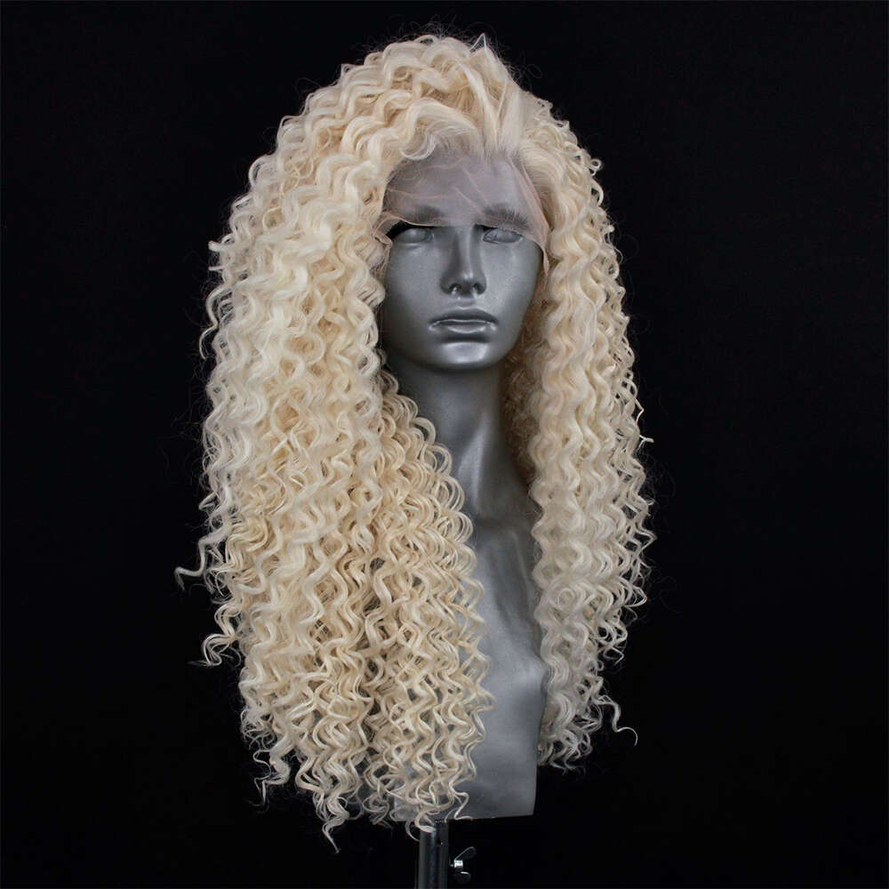 High Quality Heat Safe Synthetic Fibre Front Icy White Blonde Tight Curl Texture Full 150% HD Lace Curly Wig For Women