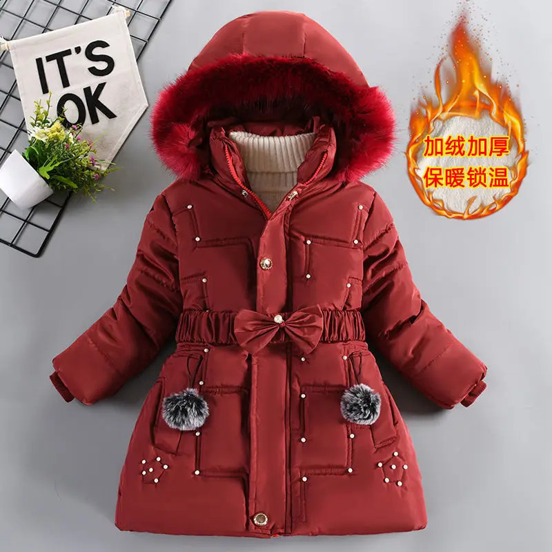 Winter Jacket Girls Parkas Green Hooded Children Thicken Warm Coat Cotton Padded Clothes Snow Wear For Kids 240905