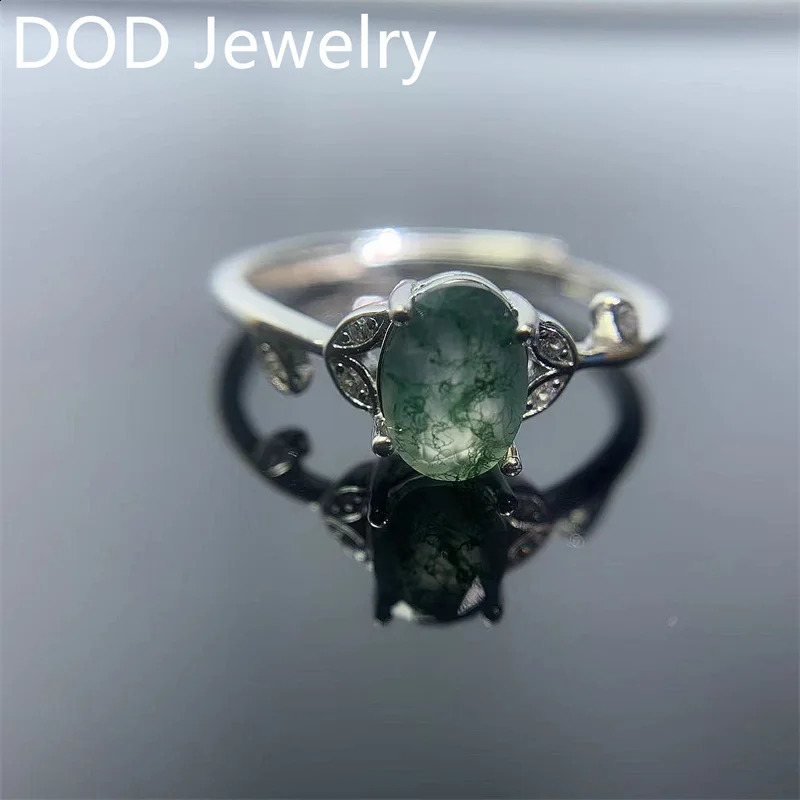 Womens Silver Ring 5X7mm Oval Cut Moss Agate Cluster Halo Engagement Rings In 925 Sterling 240906