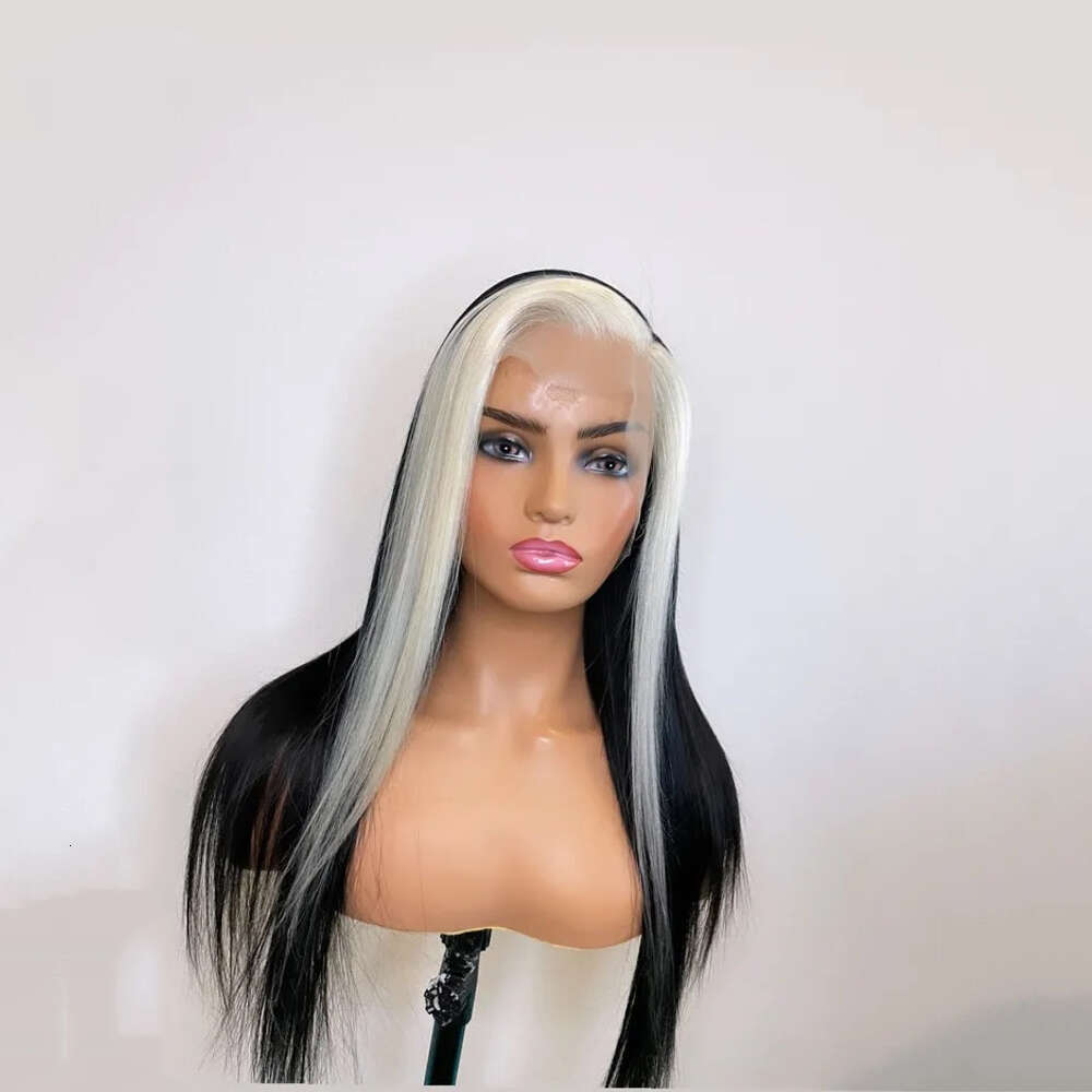 Heat Resistant Firber Synthetic Lace Front Black White Highlights Wig 10% Human Hair Straight Wigs Free Style Cosplay/Dailly