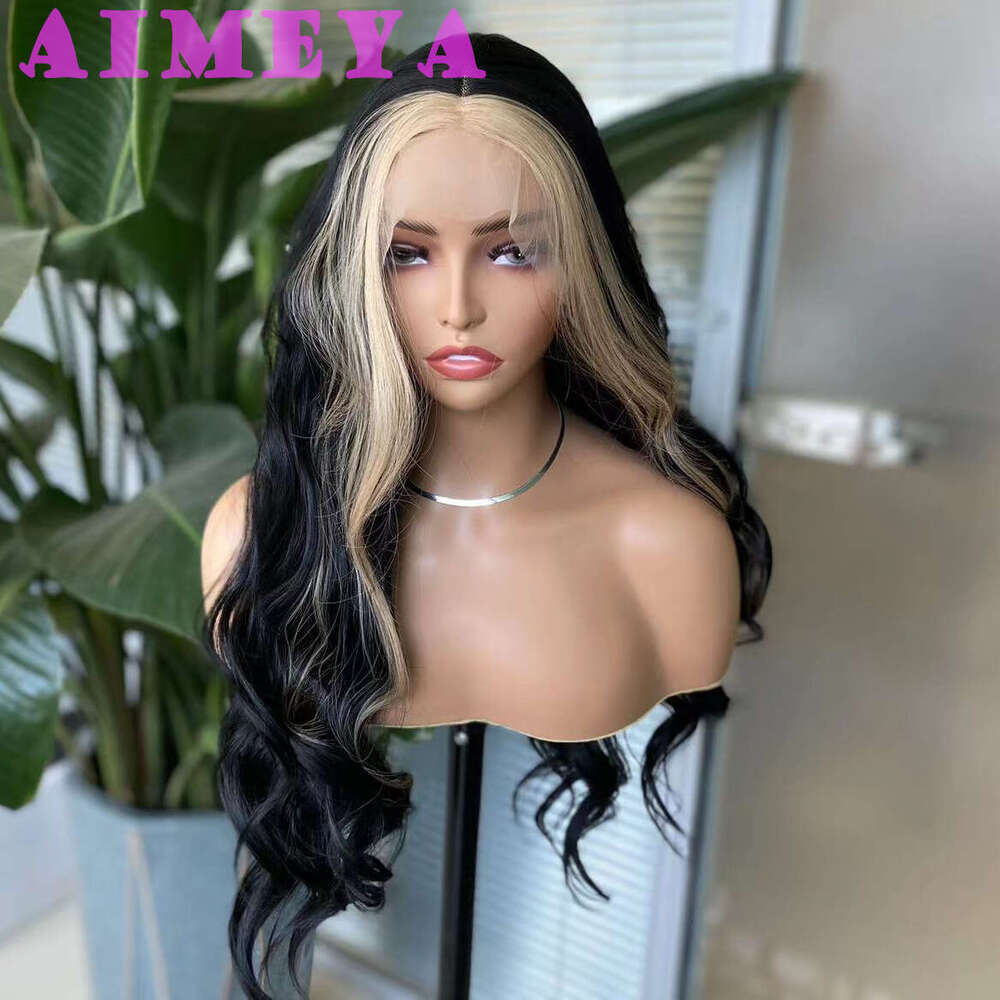 AIMEYA Black Wig With Blonde Highlights Long Body Wave Lace Front Synthetic Hair Wigs For Women Daily Use Cosplay