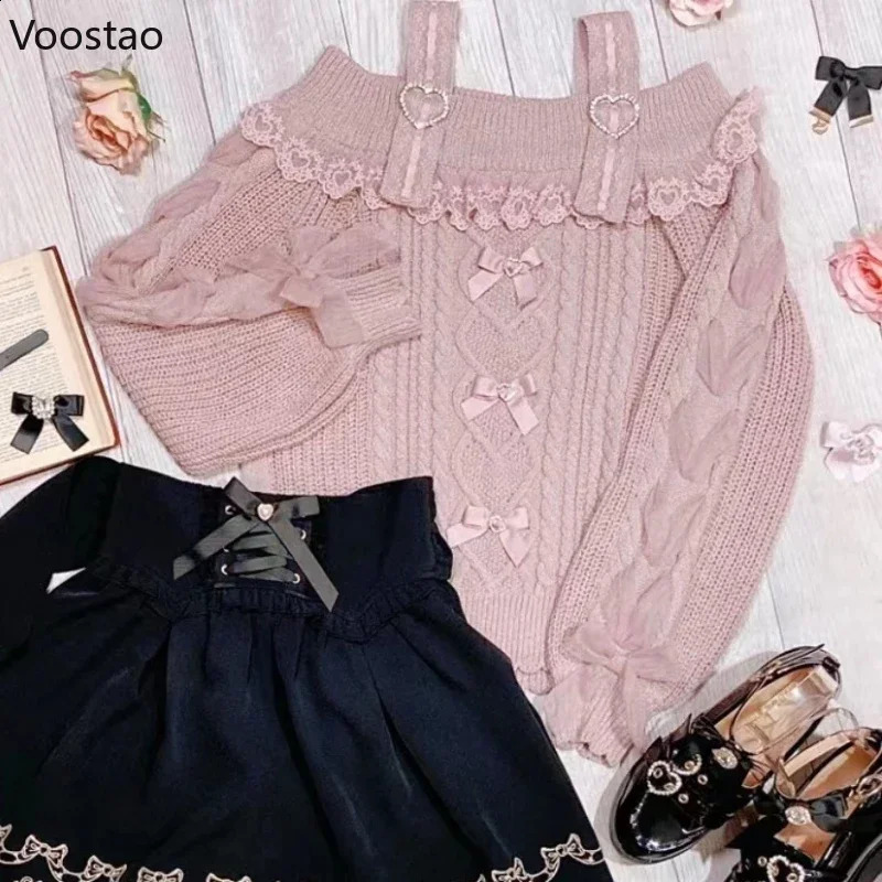 Vintage Sweet Lolita Style Knitted Pullover Autumn Girls Cute Off Shoulder Lace Ruffles Bow Sweater Women Harajuku Knitwear Tops 240911