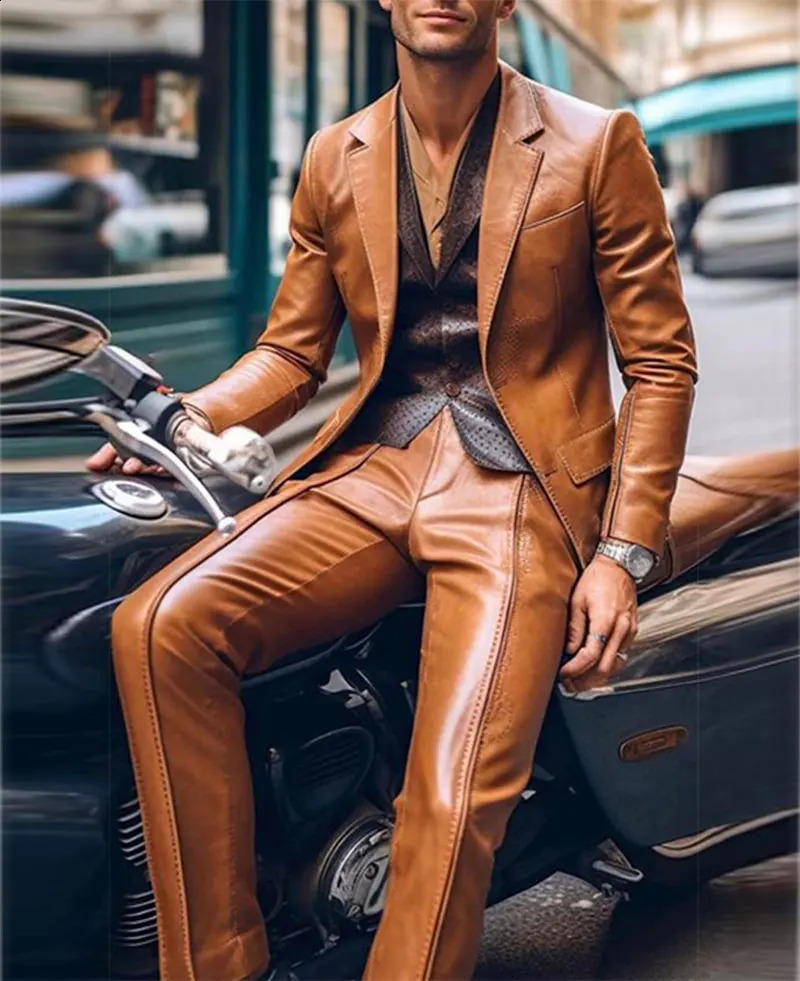 Men Suit Slim Fit Blazer Pants 2Pcs Set Contrast Trim Notch Lapel PU Leather Jacket Male Business Casual Prom Suit Moto style 240909