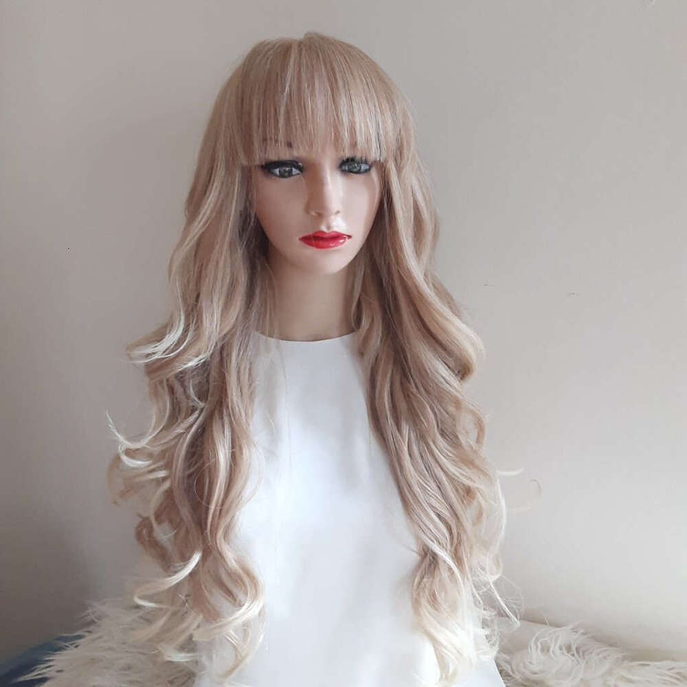 Human Hair Blended Synthetic Fiber Honey Blonde Highlights With Bangs Lace Front Wig Heat Resistant Loose Wave For Daily Use