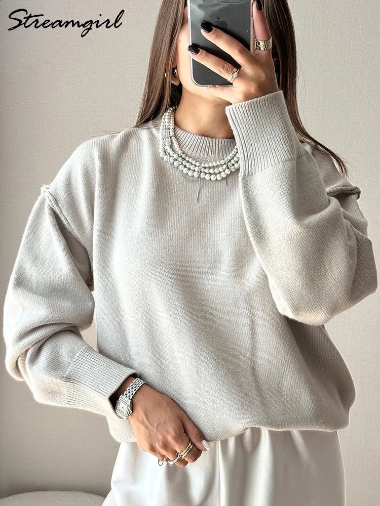 Blue oversized womens sweater winter thick beige floral autumn fashionable loose Oneck jumping 240906