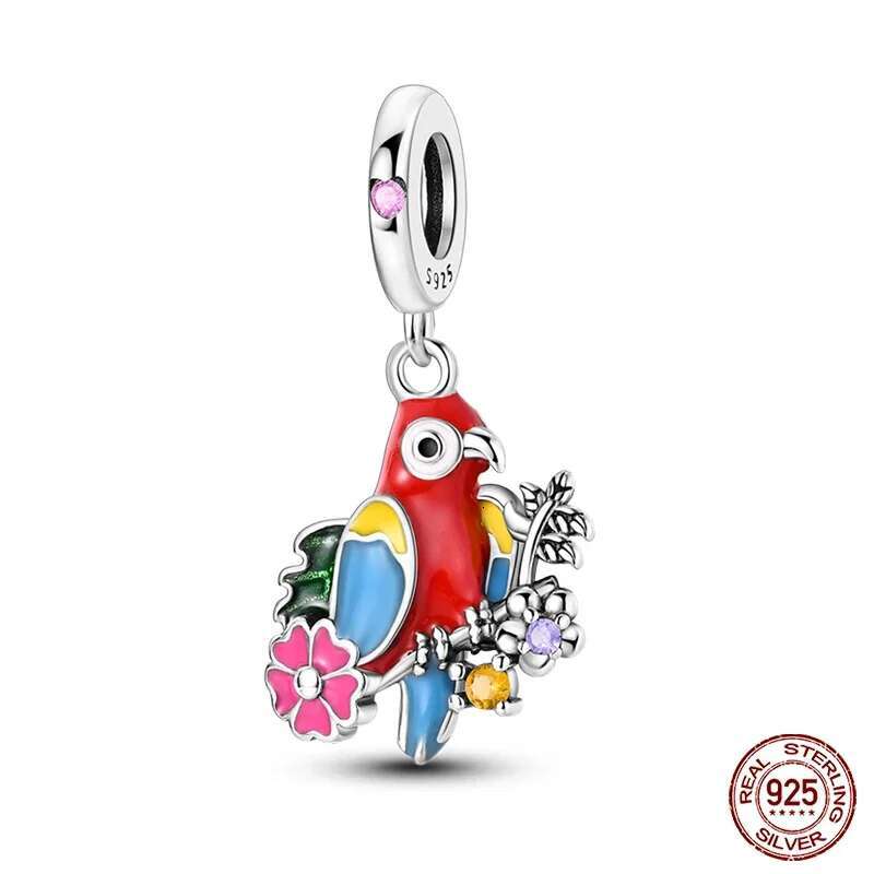 925 Sterling Silver Lovely Pink Color Charms LOVE bird wer Dangle Pendants Fit Original Bracelet DIY Jewelry making