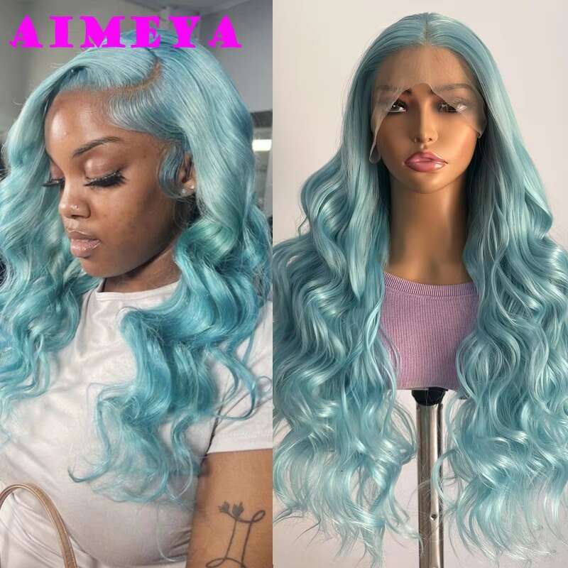 AIMEYA Sier Grey Synthetic Long Body Wave Front Light Gray Heat Resistant Hair Lace Daily Use Cosplay Wig