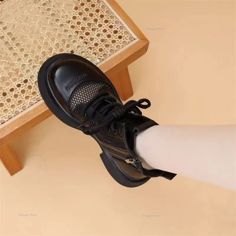 New 2024 Summer Mesh Martin Boots Womens Hollow Mid Heel Short Boots Thin Breathable Thick Sole Lace Cool Boots