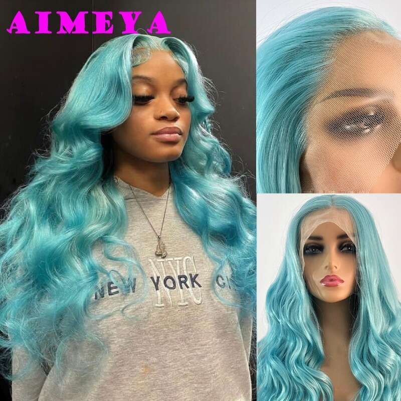 AIMEYA Blue Synthetic Long Body Wave Front Mint Green Heat Resistant Hair Lace Daily Use Cosplay Wig