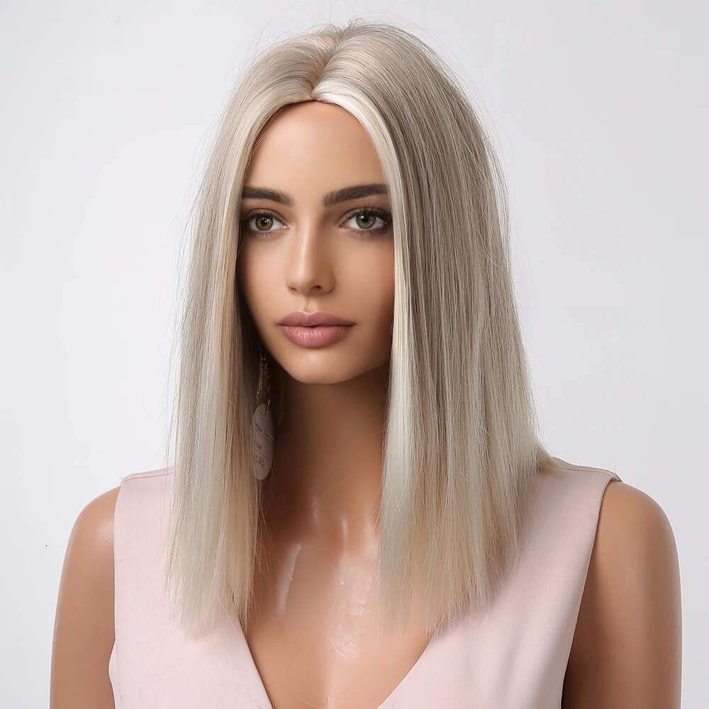 14" Short Straight Women Ombre Ash Blonde Highlights Synthetic Wigs Cute Bob Wig For Cosplay/Daily Heat Resistant Fiber