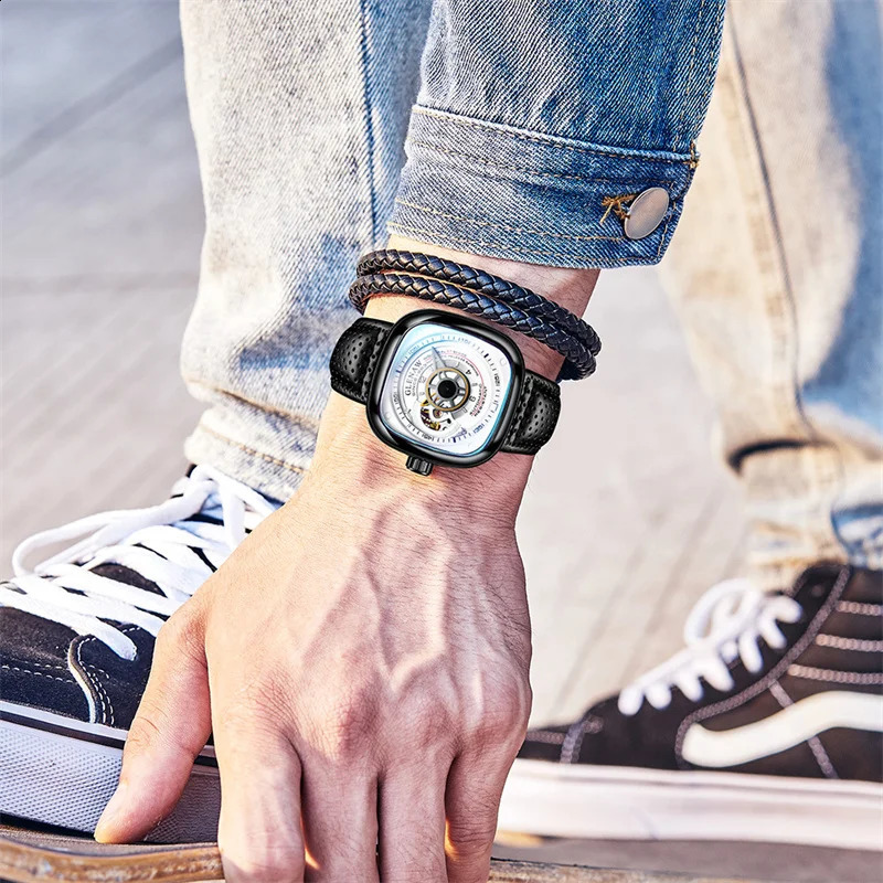 GLENAW Mechanical Watch for Men Breathable Leatherstainless Steel Automatic Skeleton Mens Watches Top Reloj Hombre 240906