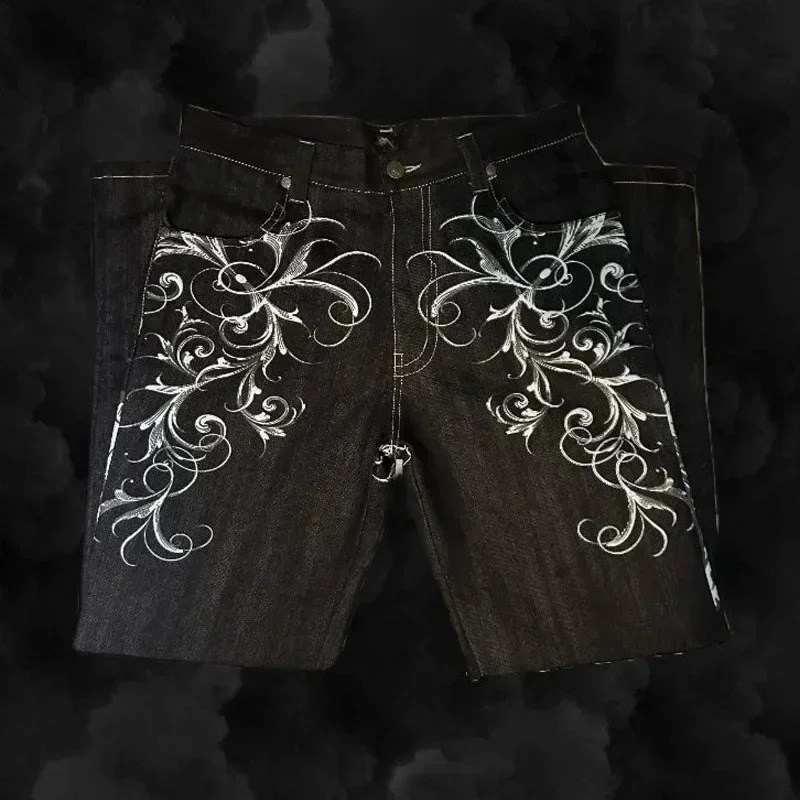 Hip Hop Fashion Y2k Street High Waist Gothic Skull Geometry Men Jeans American Retro Couples Straight Loose Pants 240911