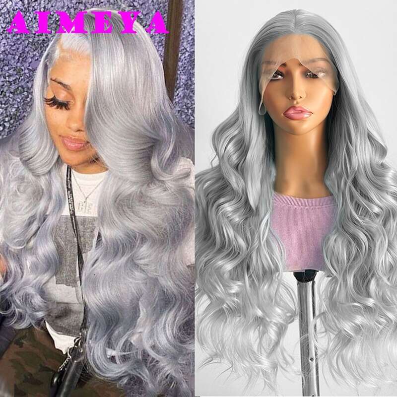 AIMEYA Sier Grey Synthetic Long Body Wave Front Light Gray Heat Resistant Hair Lace Daily Use Cosplay Wig