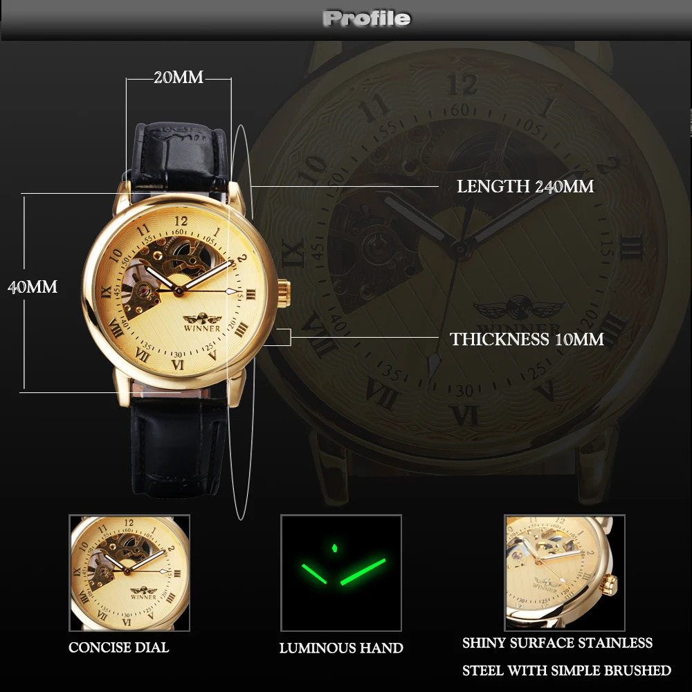 T-Winner Watch Gold Skeleton Watches Men Mechanical Hand Wind Wristwatches Reloj Hombre Relogio Masculino 240906