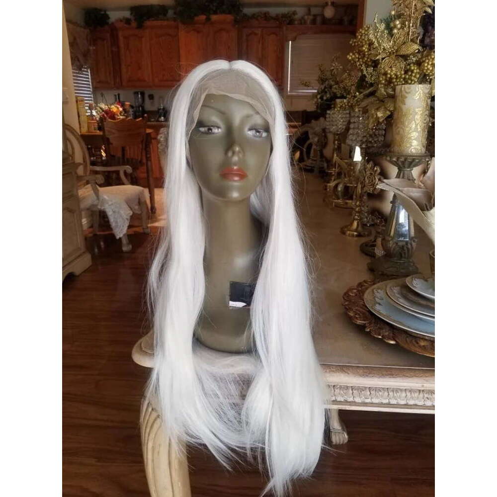 White Blonde Synthetic Natural Straight Platinum Lace Front Wig 13X4 Heat Resistant Fiber