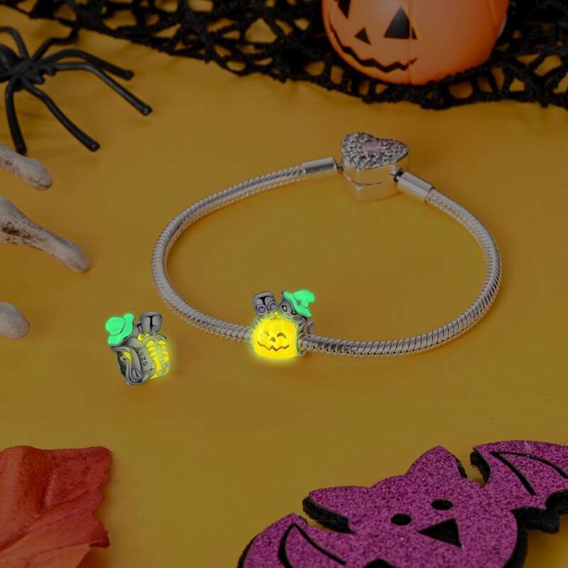 2024 New Halloween 925 Sterling Silver Luminous Pumpkin Skull Ghost Charms Fit Original Bracelet DIY Party Jewelry