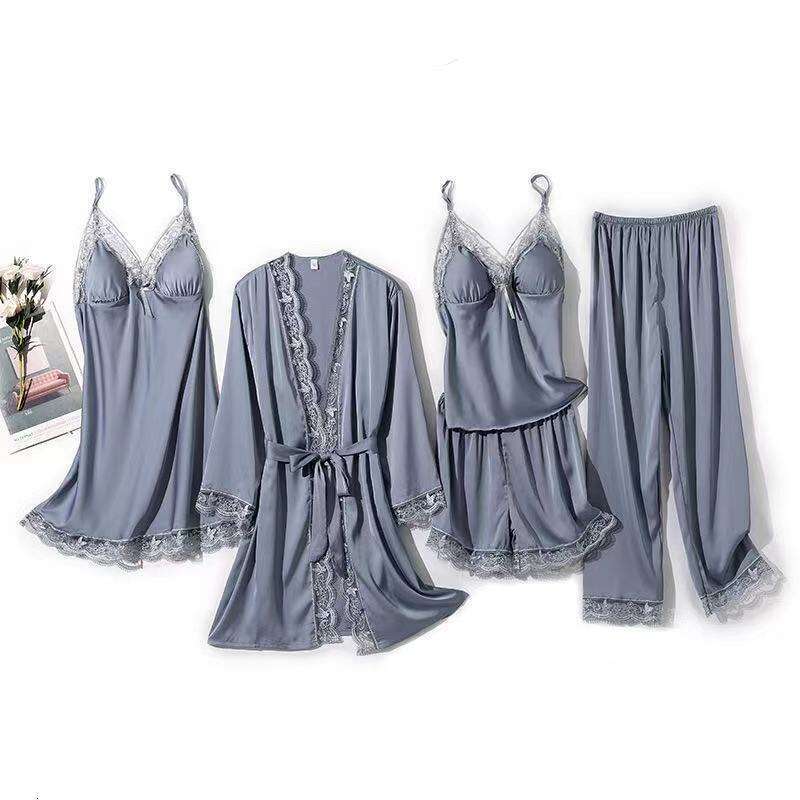 Women Sexy Pamas 5Pcs Satin Sleepwear Pijama Lace Wear Home Clothing Embroidery Sleep Lounge Pyjama With Chest Pads