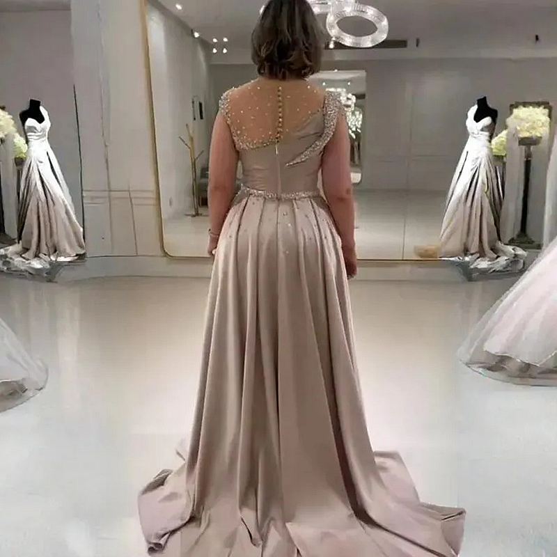 Elegant Mother Of The Bride Dresses Pleats Beaded Capped Sleeves Satin Long Wedding Party Dress With Detachable Skirt Champagne Evening Formal Gown Fo