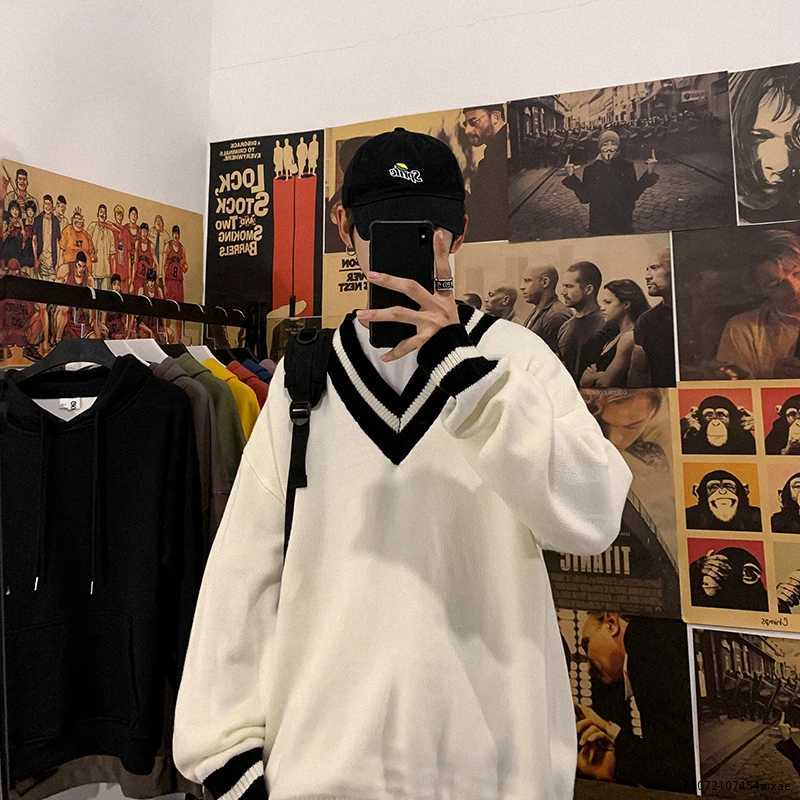 Men Fashion Pullover Warm Cashmere Knitting Long Sleeve Knit V-neck Loose Coats Casual Black/White Woolen Sweater M-2XL M240914