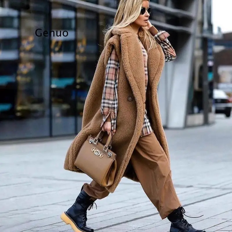 Teddy Gilet Winter Womens Teddy Bear Long Jacket Lapel Faux Wool Outerwear Female Sheep Fur Vest Gilets Coat 240911