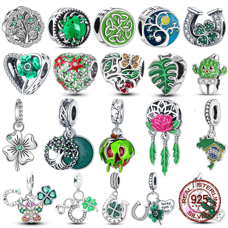 925 Sterling Silver Green Series Four Leaf Clover Lucky Butterfly Pendant Fit Original Bracelet Charm Beads DIY Jewelry