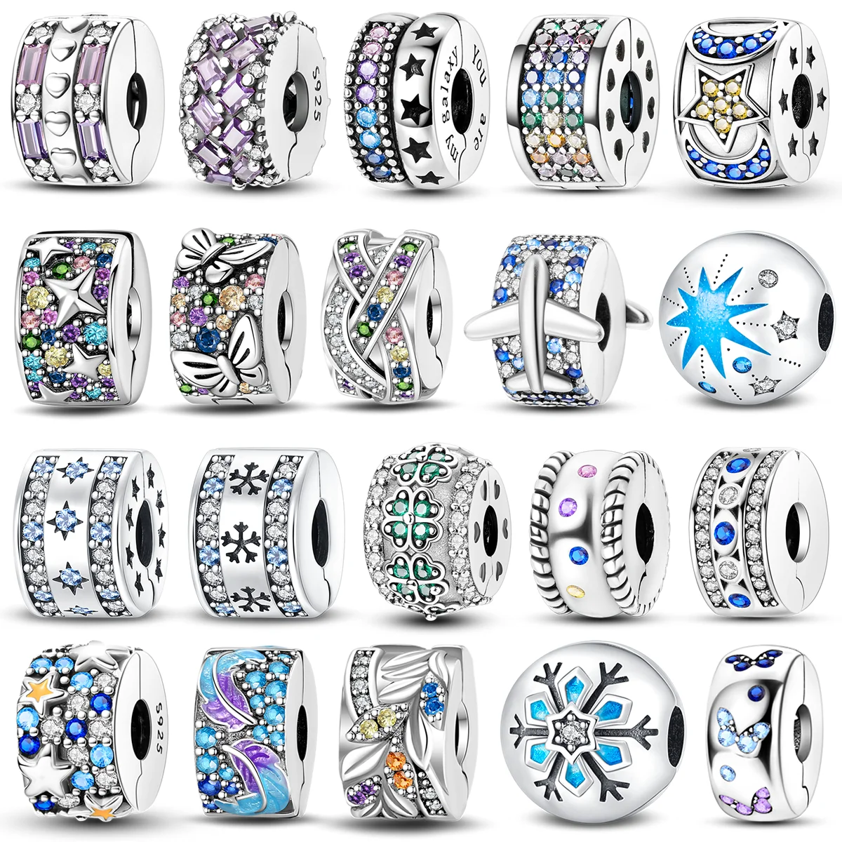 Silver Clasp 925 Sterling Silver CZ pave Clip Charms Daisy Beads Stopper Safety Chain fit Original Bangle Bracelet DIY Jewelry Clip