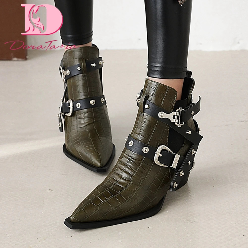 DoraTasia Plus Size 34-50 Womens Short Fat High Heels Pedal Boots Corner Buckle Rivet Boots Womens Party Ol Womens Shoes 240914