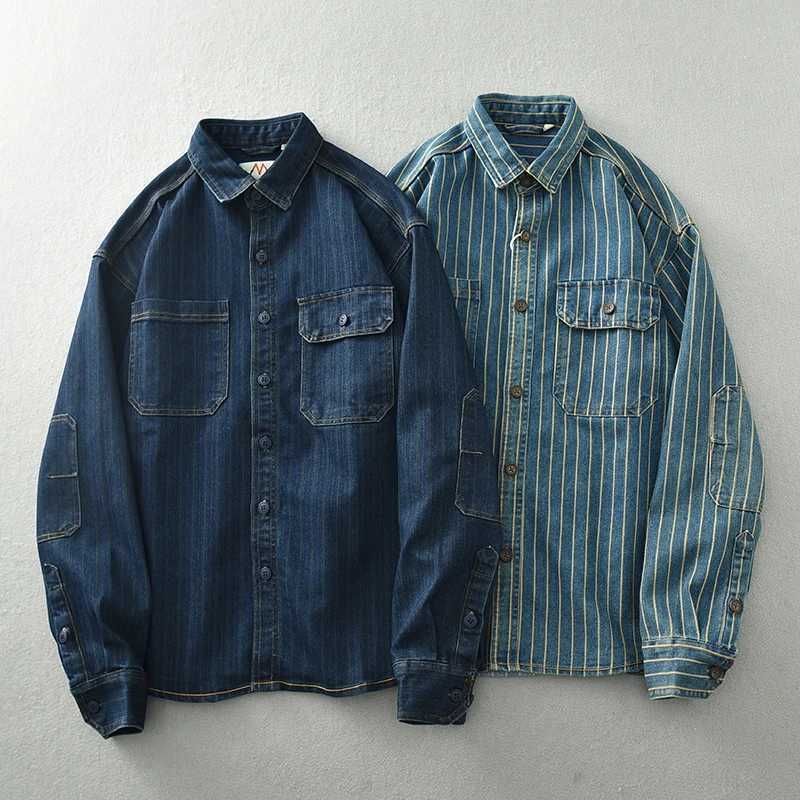 Japanese retro washed vertical striped denim shirt mens loose plus size cotton long sleeved jacket W240914