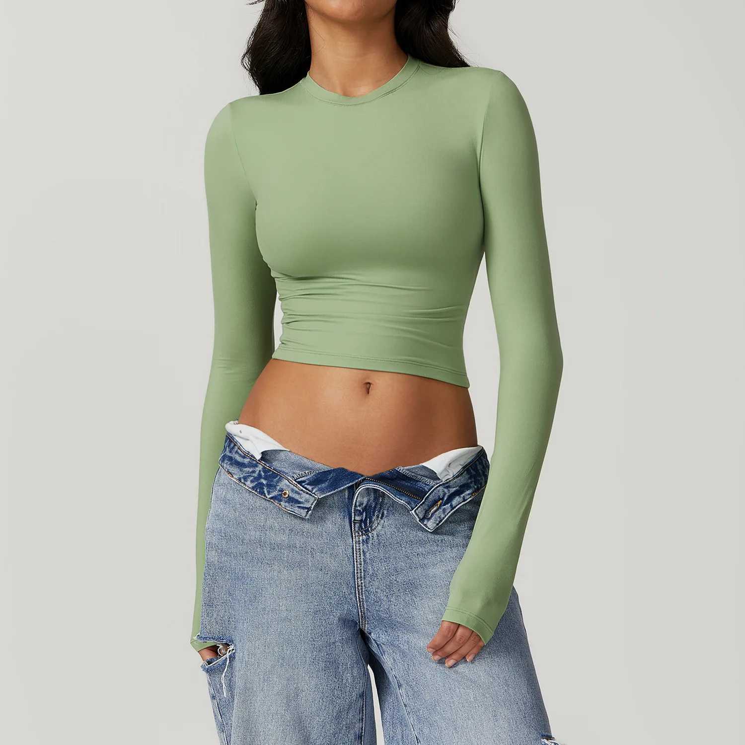 New Women Yoga T-shirts Solid Sports Top Long Sleeve Running Shirts Sexy Exposed Navel Quick Dry Fitness Gym Workout Tops M240914