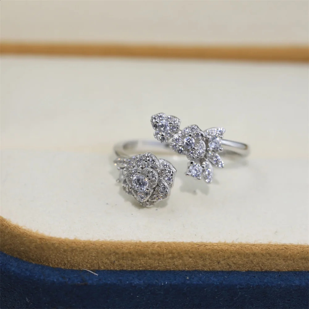 All diamond rose polyester ring pure silver open top ring Exquisite and Versatile ring 240914