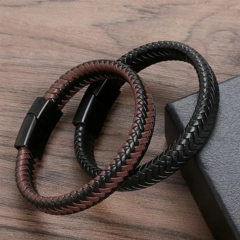Punk Mens Black Brown Braided Leather Bracelet Stainless Steel Magnetic Buckle Bracelet Packaging Bracelet Fashion Jewelry 240914