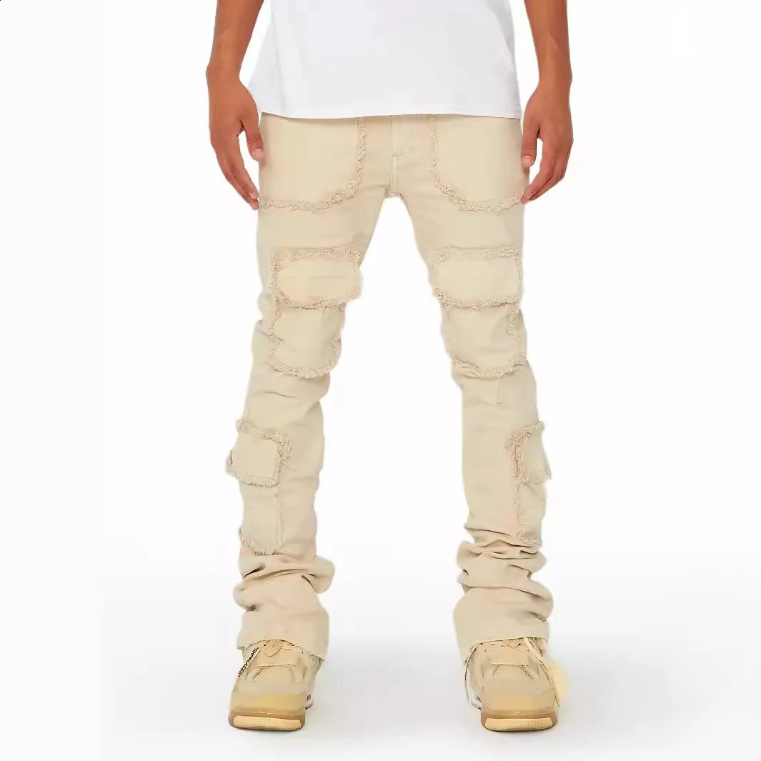 Mens Denim Workwear Straight-leg Pants European and American Fashion Elastic Patched Denim Stacked Flared Mens Pants S-XL 240906