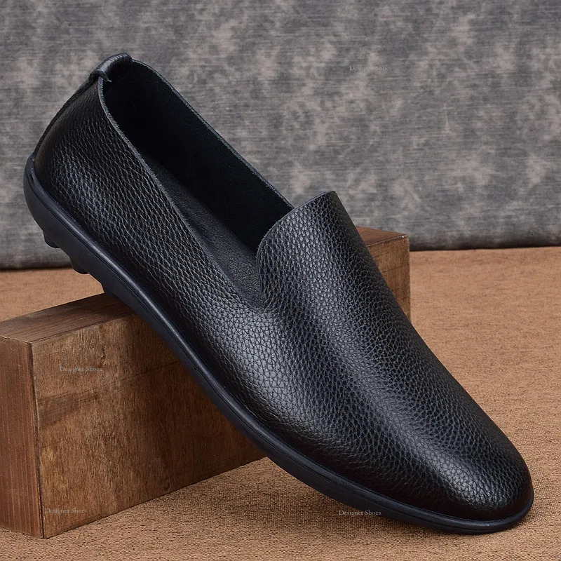 Casual Loafers Men Comfortable Lightweigh Walking Footwear High Quality Black Flat Breathable Slip On Male Leather Shoes