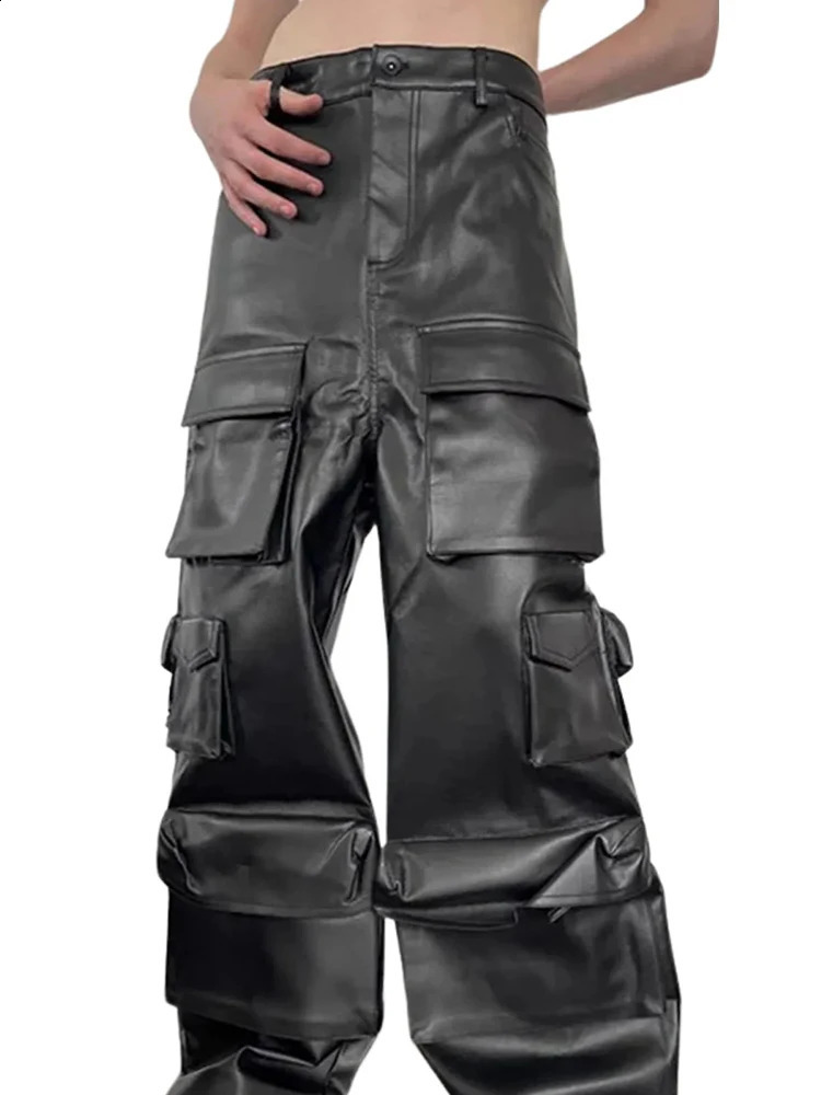 Mens black matte leather cargo pants mid waist loose straight pants with multiple pockets mens fashion Y2K PU Trouser customized Clubwear 240913