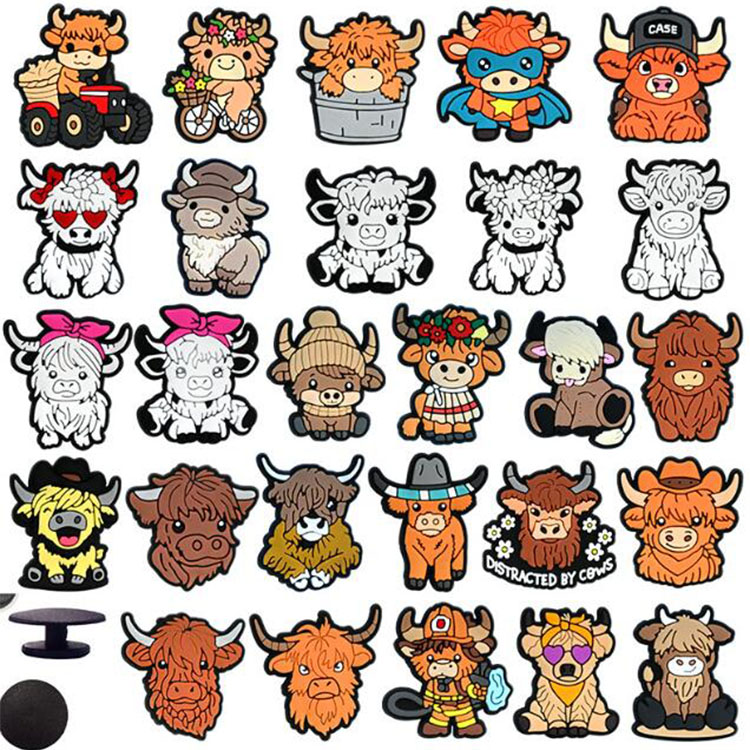 New styles highland cow series hole shoe flowers pvc soft rubber shoe buckle cute funny cow shoe charms accessories gift