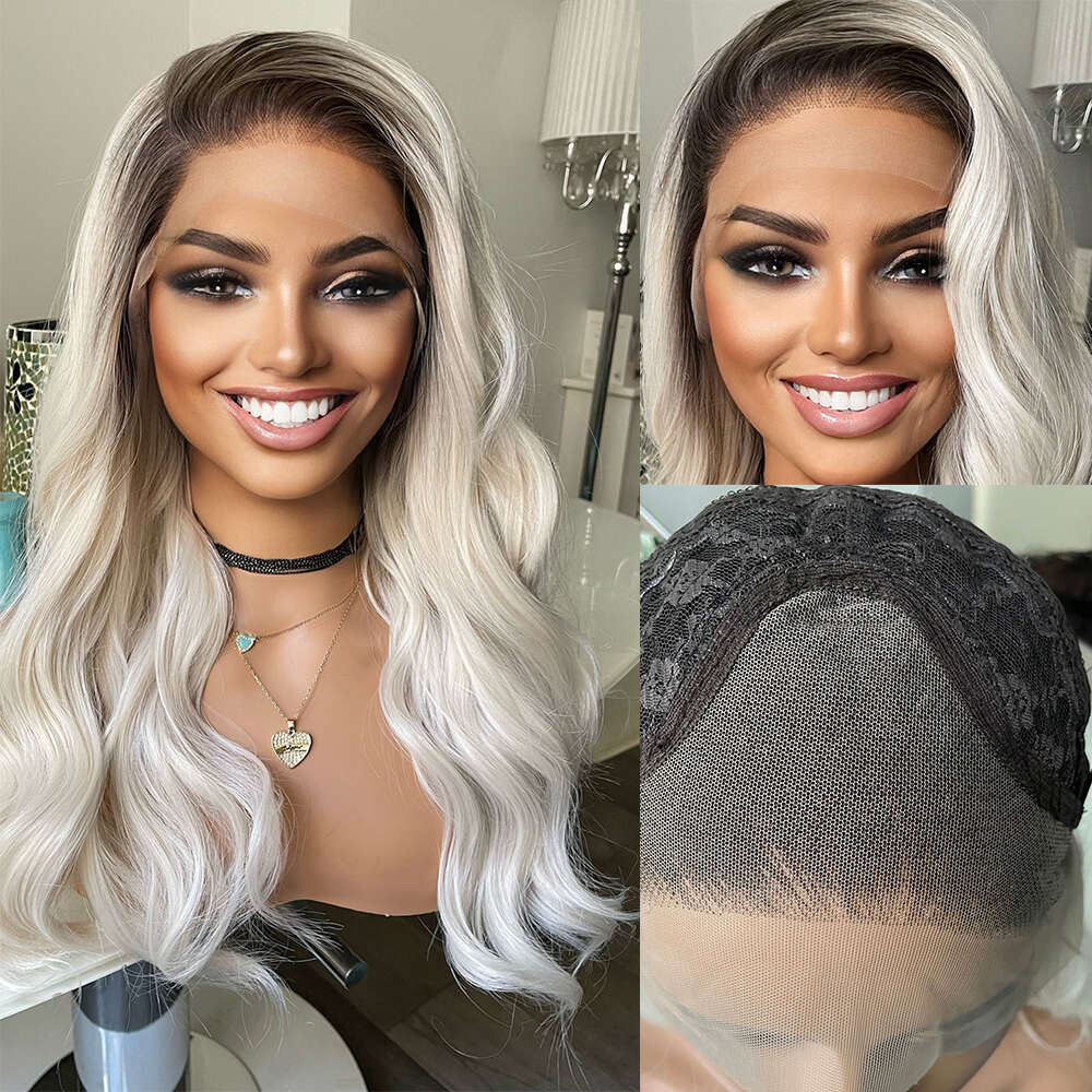 Ombre White Lace Front Wig With Dark Roots Heat Resistant Synthetic Wigs Realistic Natural Haire Free Style Daily Use Cosplay