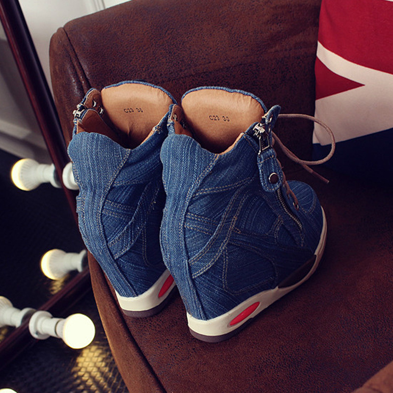 Women's Denim Wedges high top sneakers Platform Casual Fashion Woman Zipper Vulcanized Shoes Thick Bottom Big Size 41