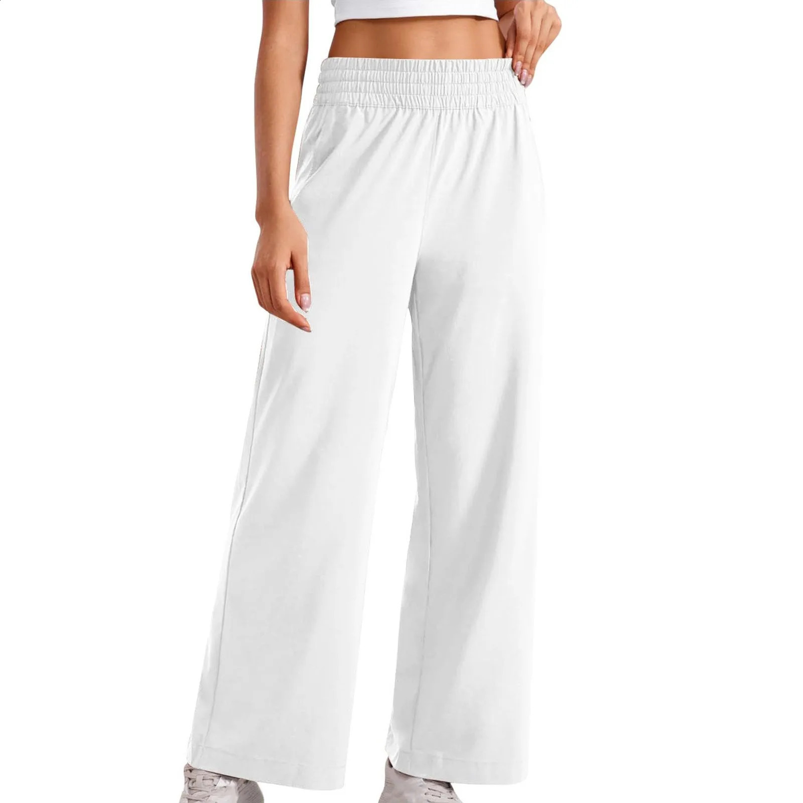 Womens Elastic Waist Casual Sports Pants Active Wide Strap Pocket Leg Trousers 240913