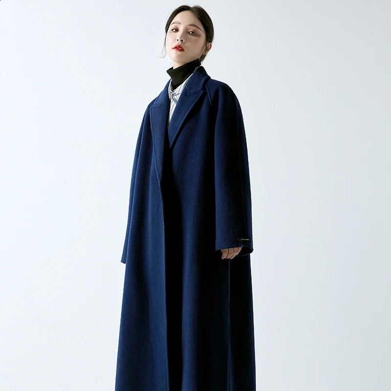 Navy Blue Double Face Wool Coat Women Autumn Winter Notched Collar Long Belt Overcoat Korean Style Vintage Woolen Coat 240911