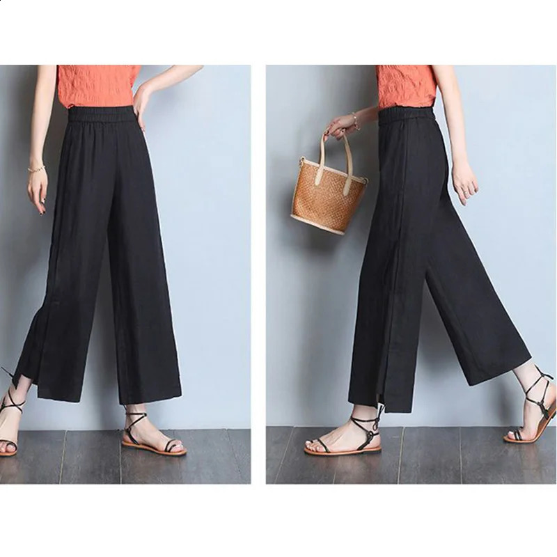 Spring and Summer Office Womens Elastic High Waist Nine Point Pants Cotton Hemp Rope Casual Thin Solid Folded Loose Leg 240913