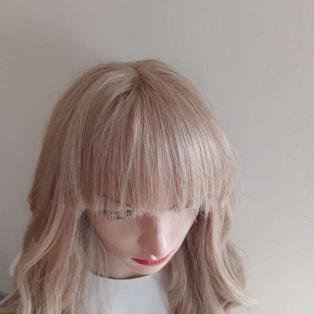 Human Hair Blended Synthetic Fiber Honey Blonde Highlights With Bangs Lace Front Wig Heat Resistant Loose Wave For Daily Use