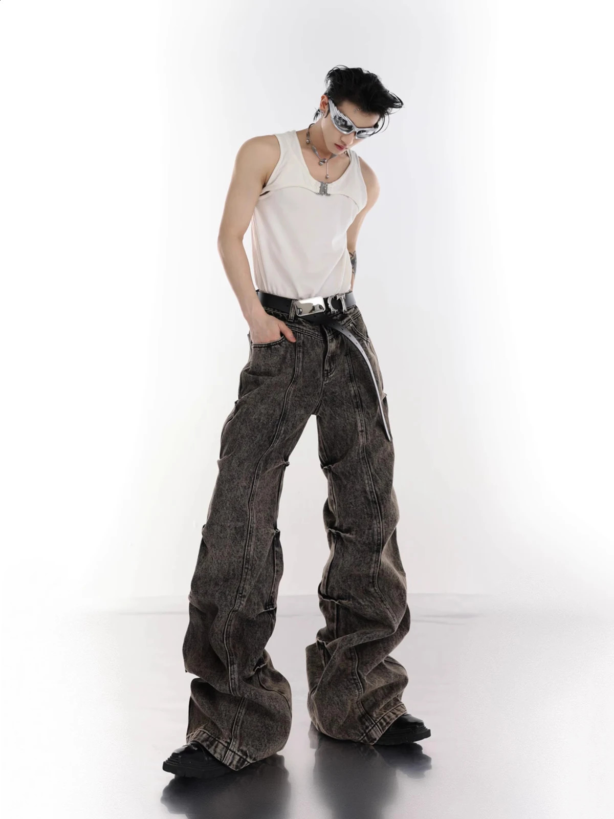 REDDACHIC Retro Gray Stacked Flare Jeans for Men Y2k Distressed Bootcut Pants Wide Leg Low Waist Bell Bottoms Emo Streetwear 240912