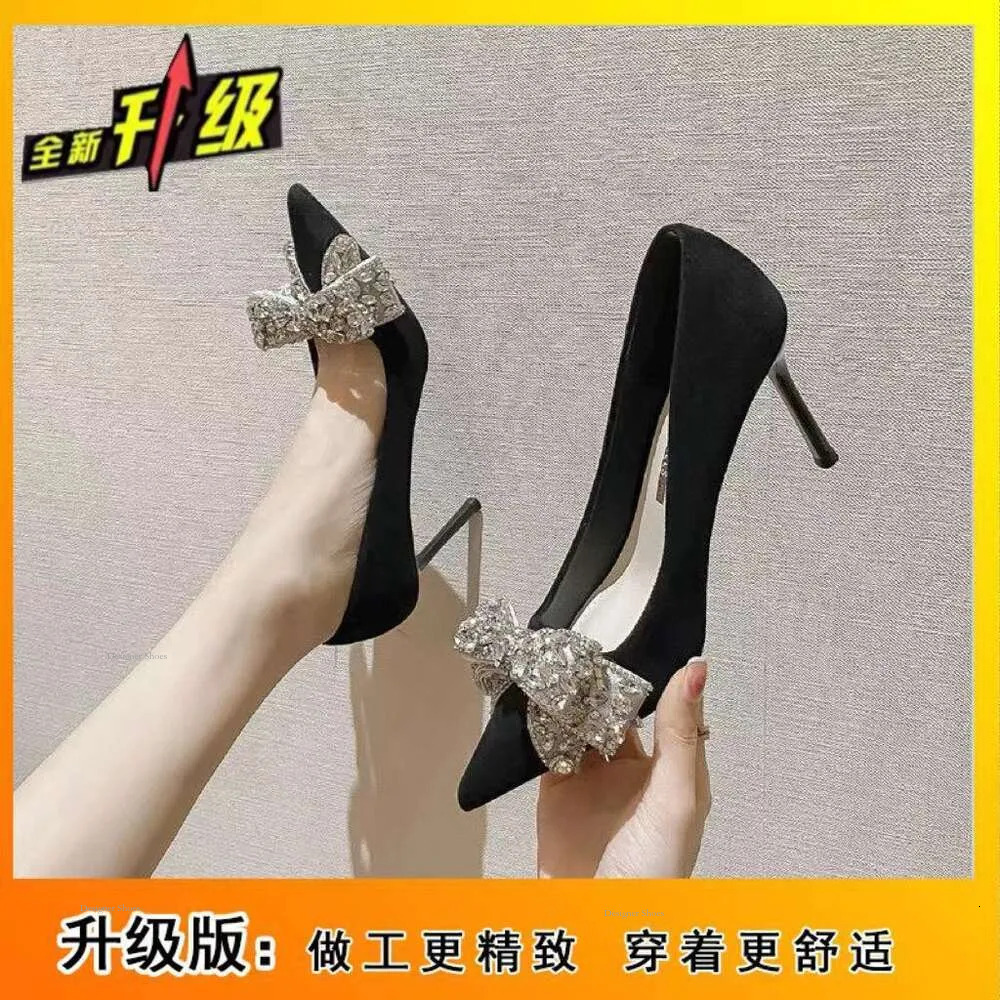 Heels French High 2024 Spring New Water Diamond Bow Crystal Black Temperament Celebrity Fine Heel Shoes Women's