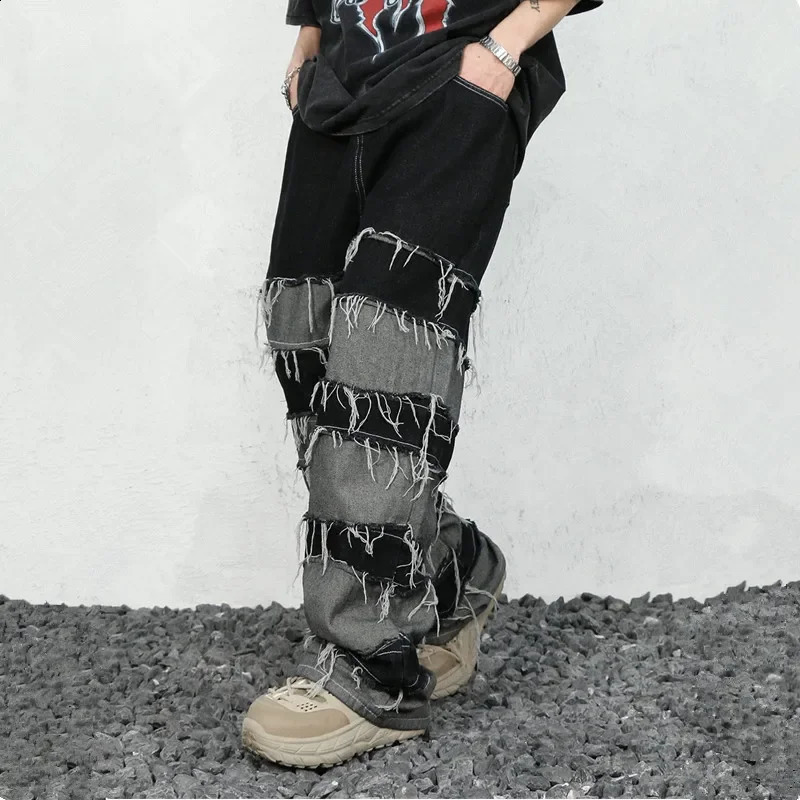 Ropa Grunge Y2K Streetwear Baggy Stacked Jeans Pants Men Clothing Patchwork Straight Loose Long Trousers Pantalones Hombre 240912