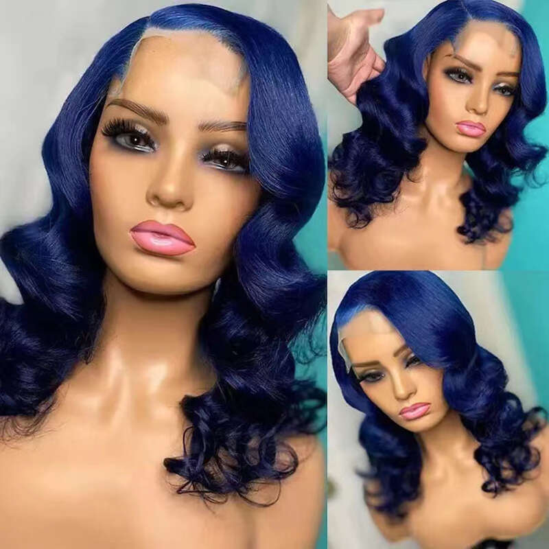 AIMEYA Dark Blue Short Wave Lace Front Wigs For Black Women Side Part Shoulder Length Bob Heat Resistant Synthetic Wig