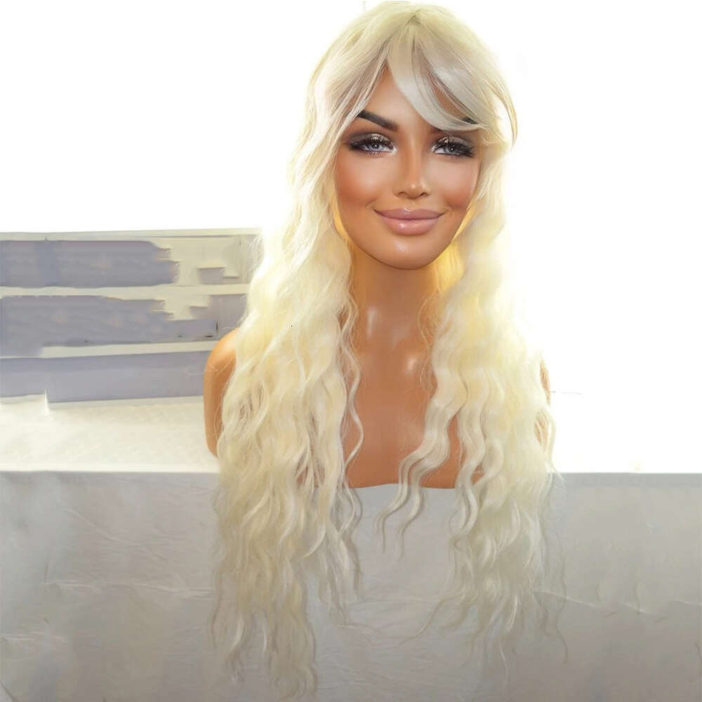 Wavy Curly Long 30 Inches Wig Fringe Bangs Center Part Ice Platinum Blonde Human Hair Blends Heat Friendly Synthetic Fibers