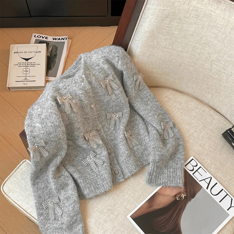 Womens Grey Cardigan Knit Sweater Harajuku 90s Y2k Long Sleeves Bow ONeck Jumper Vintage Fashion 2000s Clothes Autumn 240904