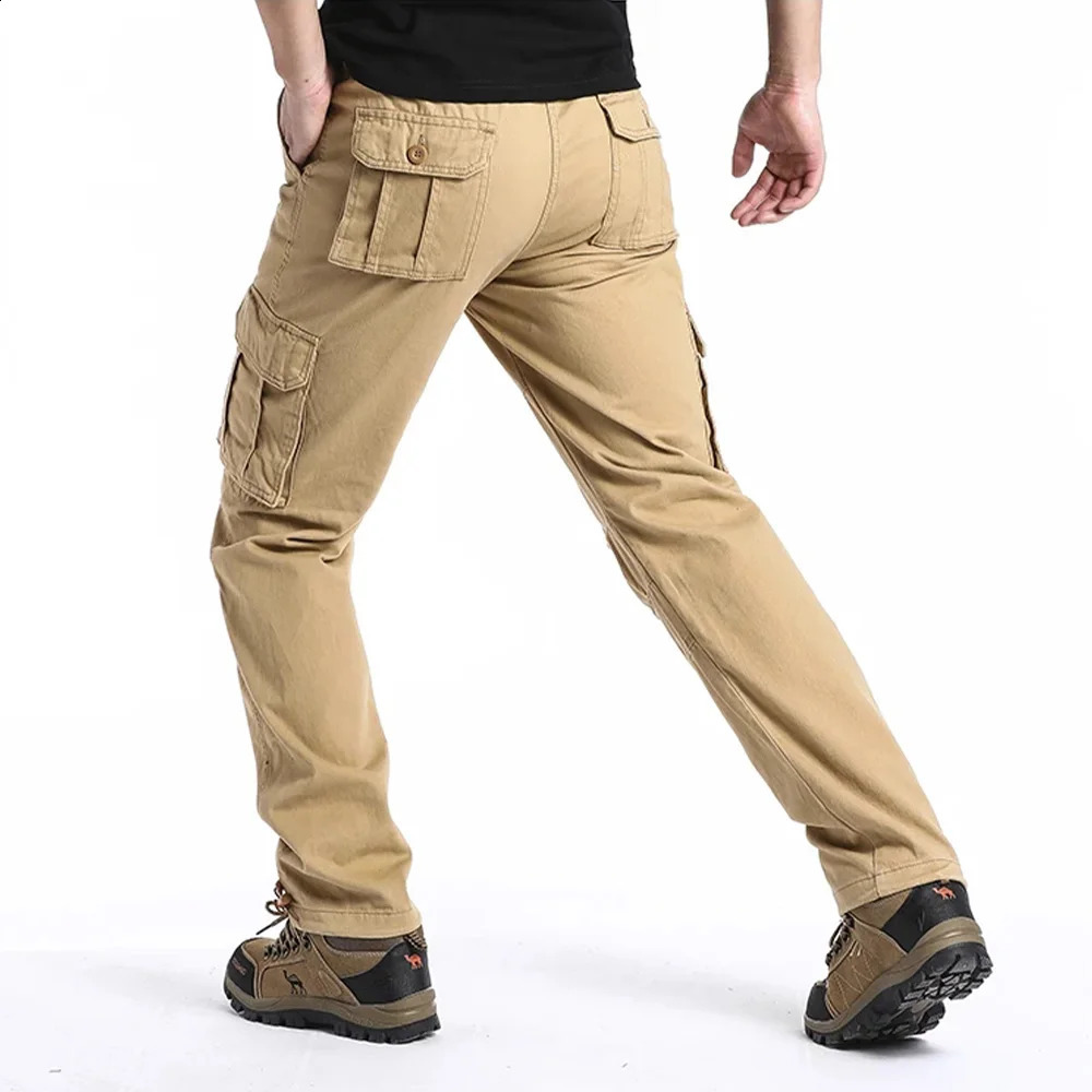 Autumn Cotton Cargo Pants Men Solid Color Large Pocket Loose Overalls Elastic Waist Casual Trousers Military Tacticl Pants 240911