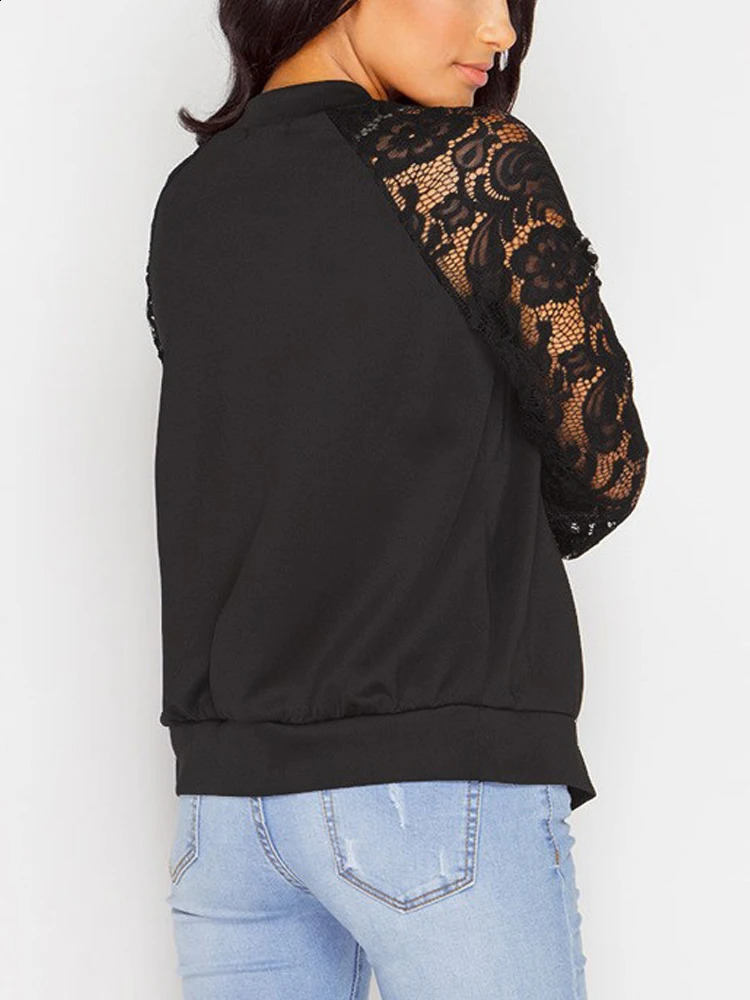 Womens Solid Casual Outwear Lace Long Sleeve Jacket Spring Autumn Elegant Zipper Coat Office Wear Slim 240910
